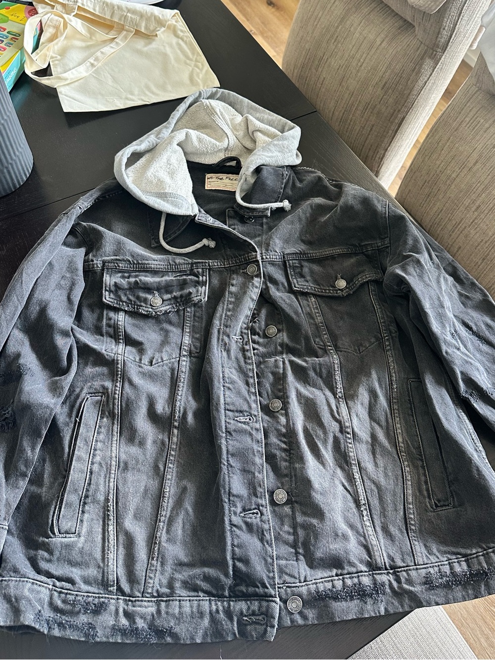 Free People Black Denim Jacket with Gray Hood